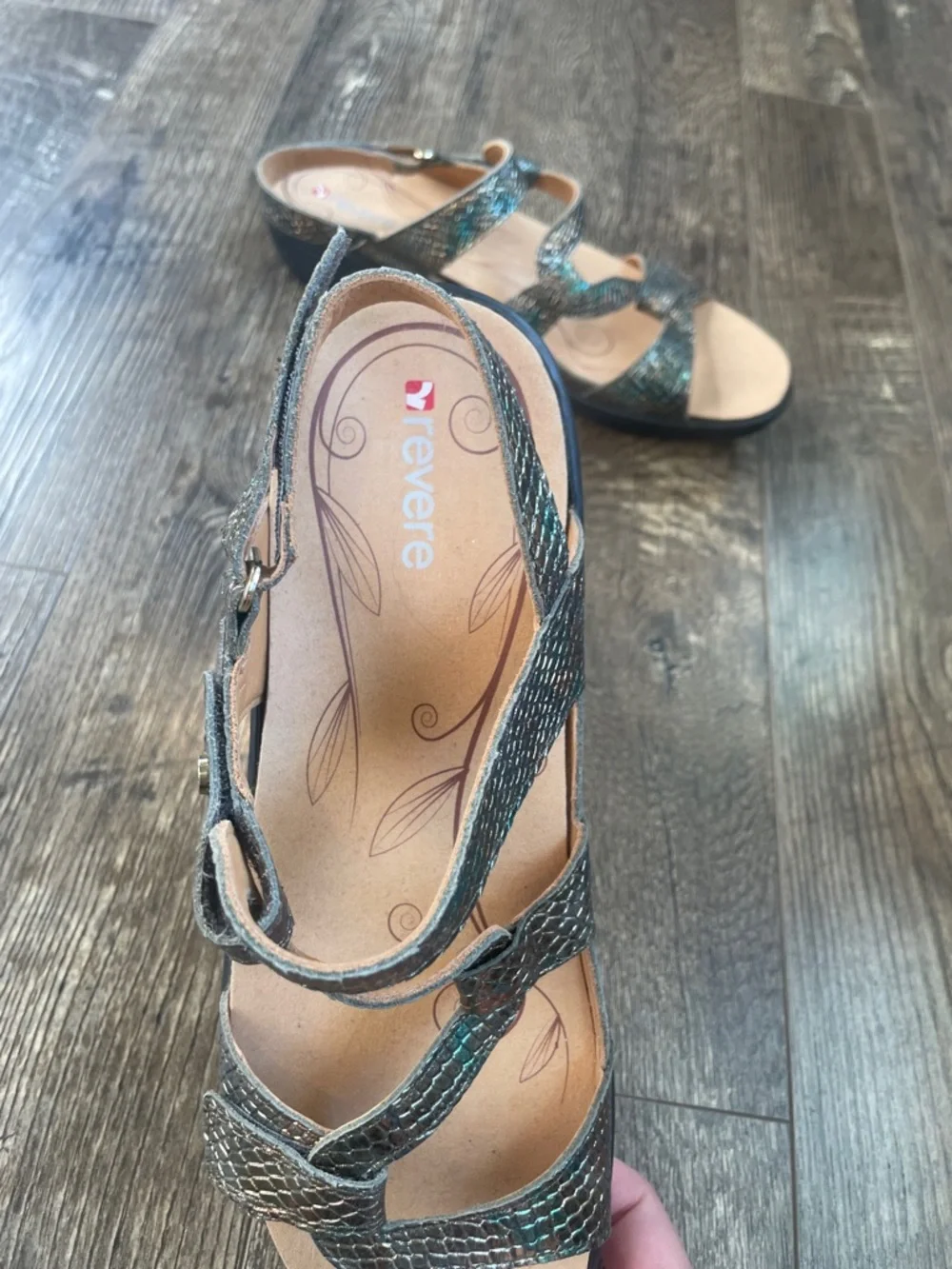 Revere Adjustable-strap leather Sandal Size 11‎ in metallic snake print